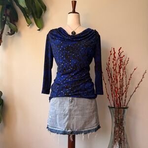 y2k  Blue Black Paisley Cowl Neck Sequin Top Whimsigoth3/4 sleeve fairy
